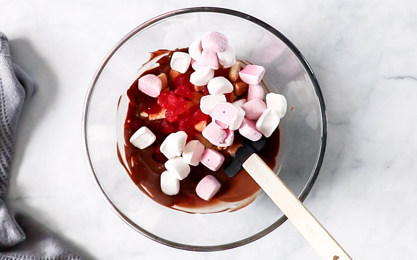 Rocky road ingredients in a bowl.