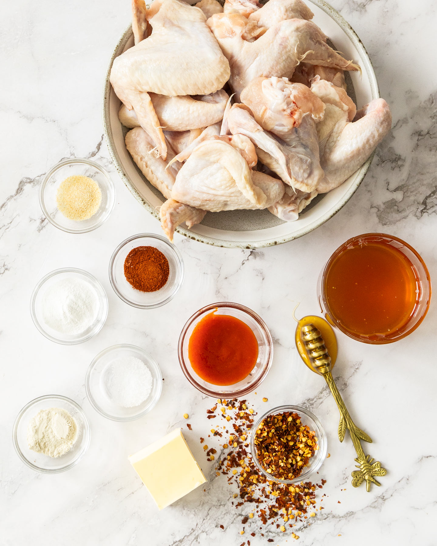 Ingredients for hot honey chicken wings.