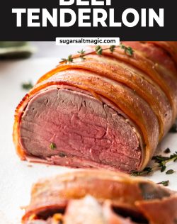 Closeup of a bacon-wrapped beef tenderloin.