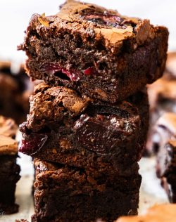 A stack of 3 cherry brownies.