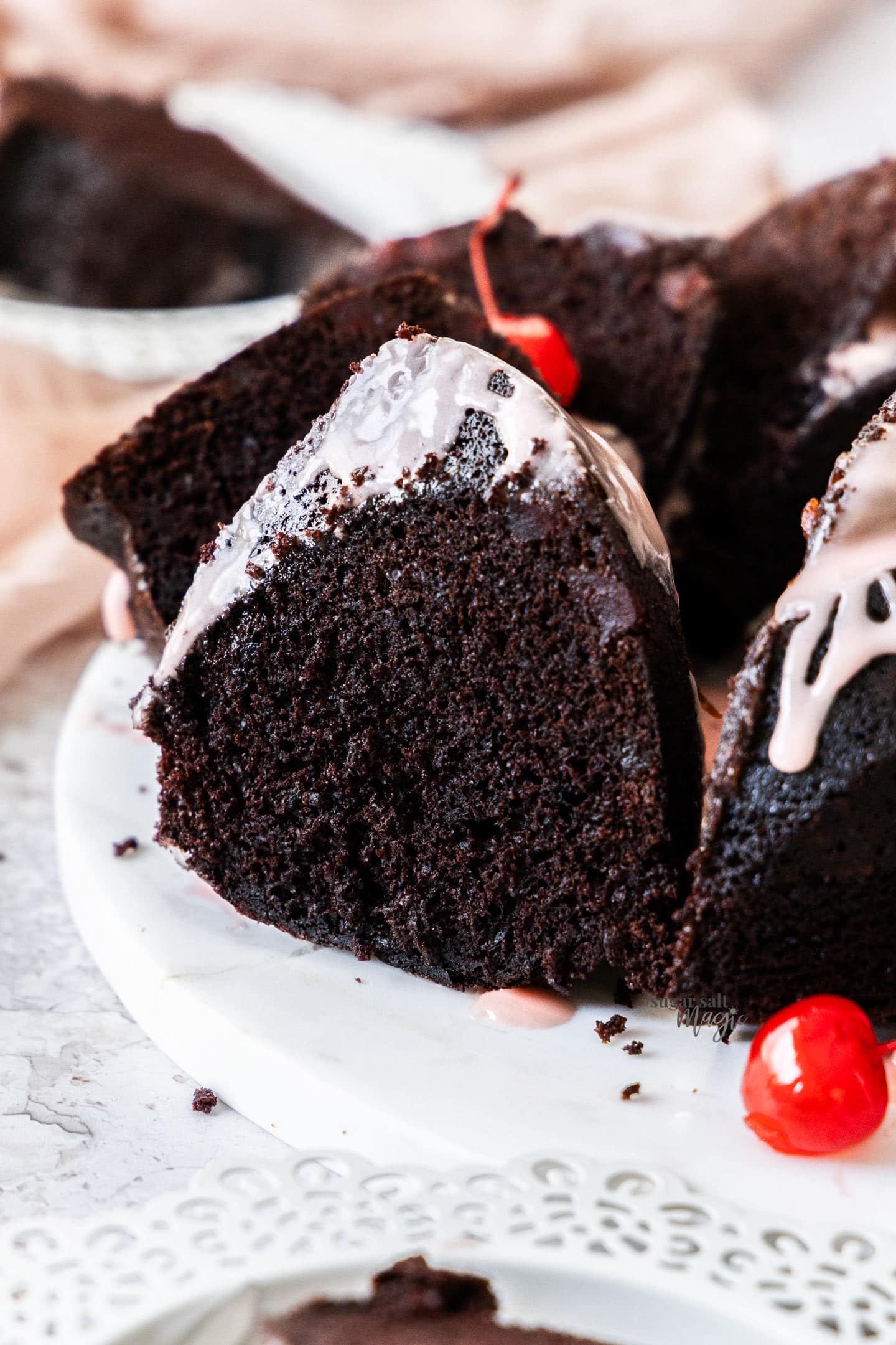 Cherry Chocolate Bundt Cake Closeup of a slice of cherry chocolate bundt cake.
