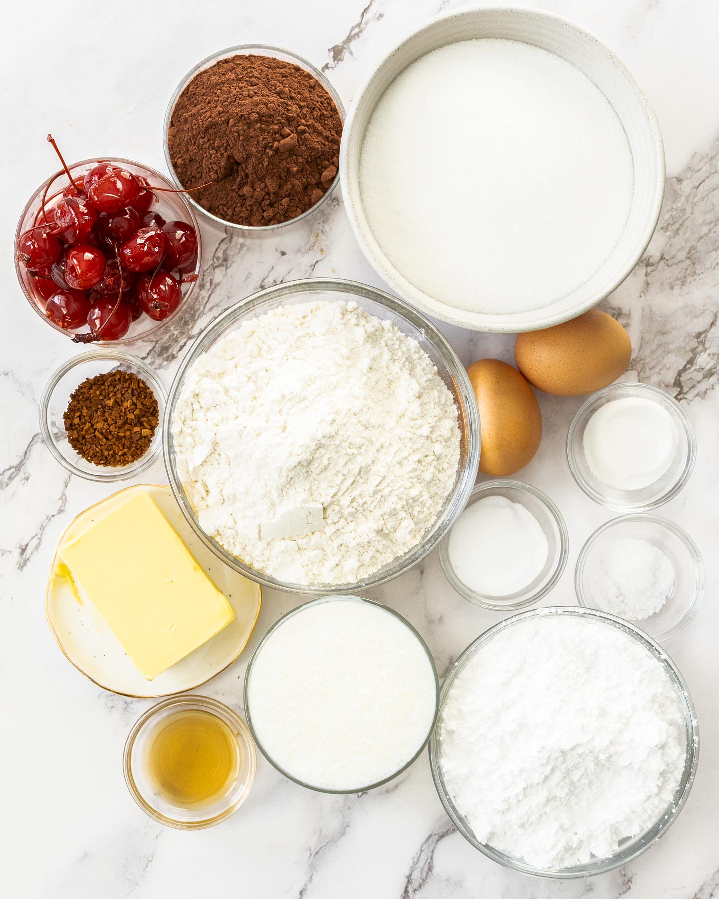 Cherry Chocolate Bundt Cake Ingredients for cherry chocolate bundt cake.