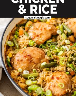 Angled view into the one pan baked chicken and rice.