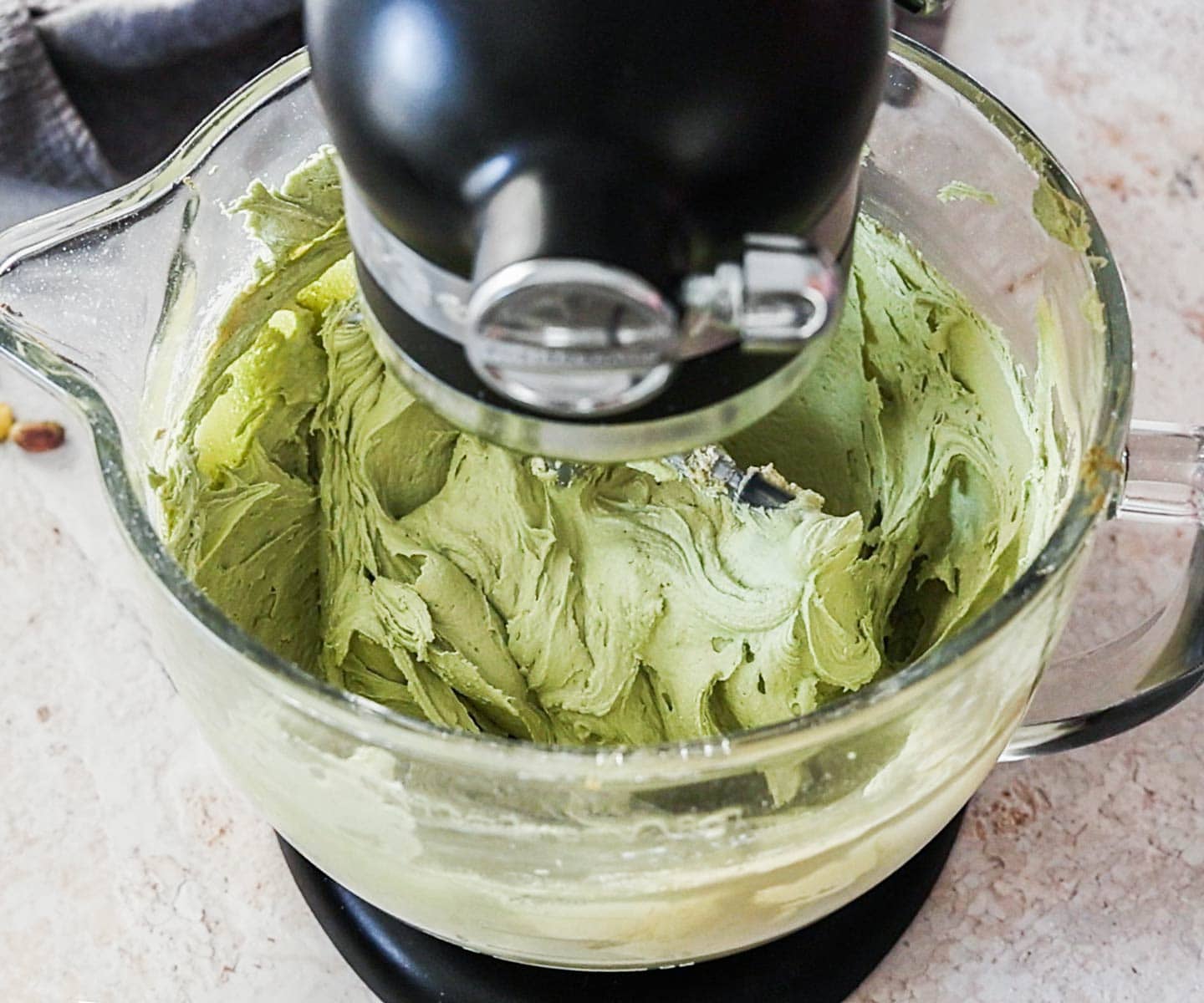 Pistachio Buttercream The pistachio buttercream finished in a standmixer bowl.