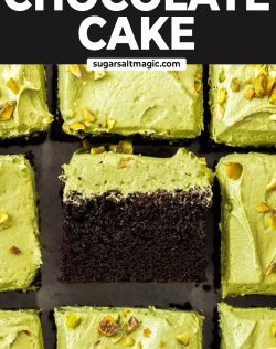 Top down view of 9 slices of pistachio chocolate snack cake with one turned on its side to show the chocolate cake beneath the buttercream.