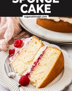 A slice of raspberry sponge cake on a dessert plate with a dessert fork next to it.