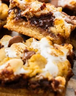 Extreme closeup of the inside of a s'mores cookie bar.