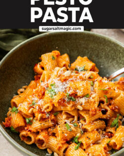 A bowl of sundried tomato pesto pasta.